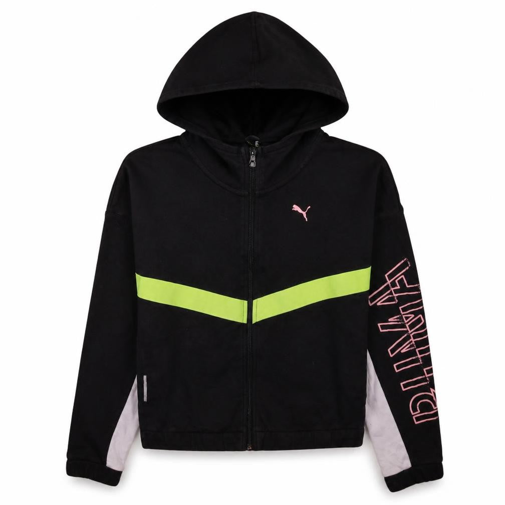 Front view of Puma women’s black full zip hoodie xs hooded graphic sweatshirt