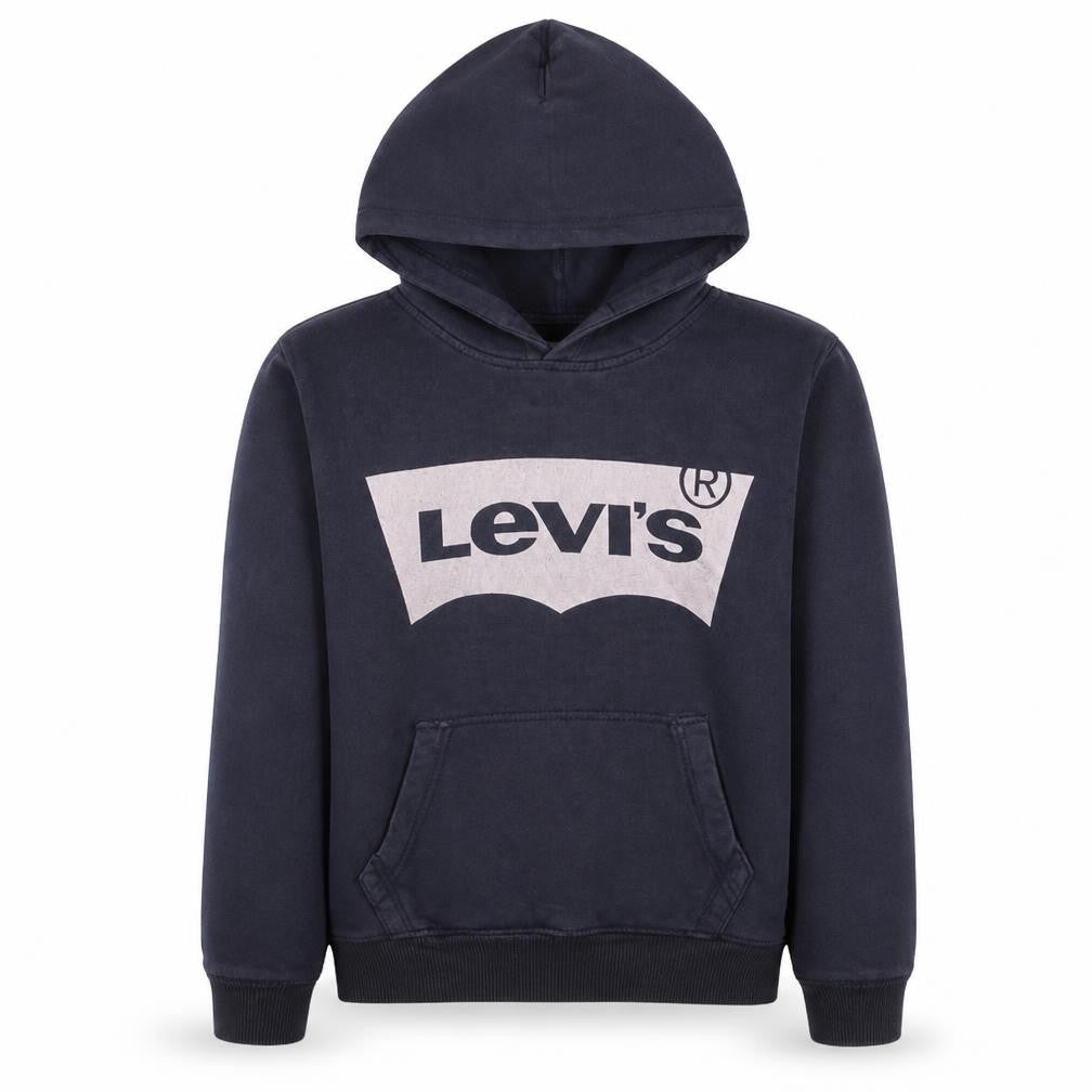 Front view of Levi's boys’ navy blue hoodie pullover, size 14, logo cotton sweatshirt