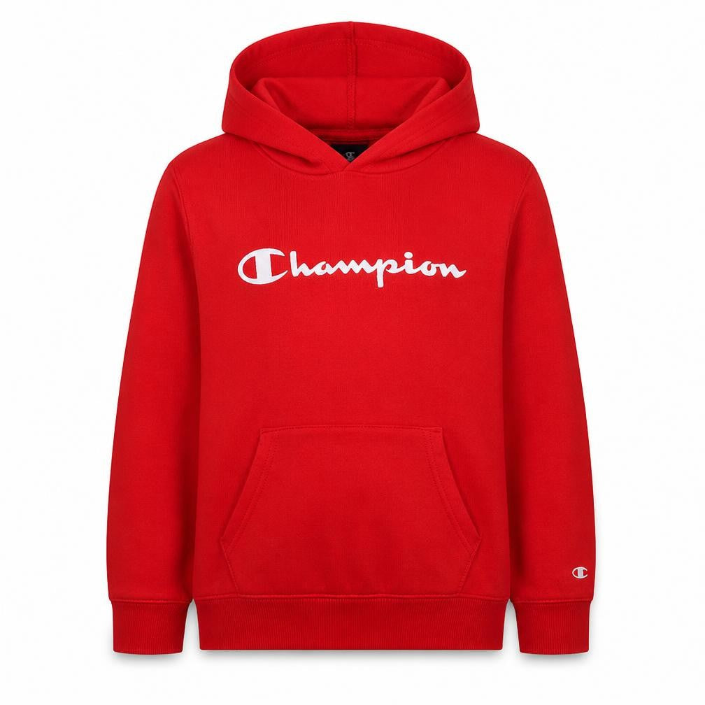 Front view of Champion boys’ red pullover hoodie 11-12 years fleece logo hooded sweatshirt