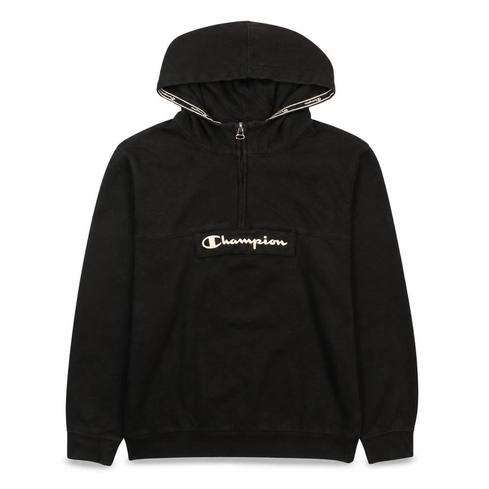 Front view of Champion boys’ black pullover hoodie 13-14 years logo fleece sweatshirt