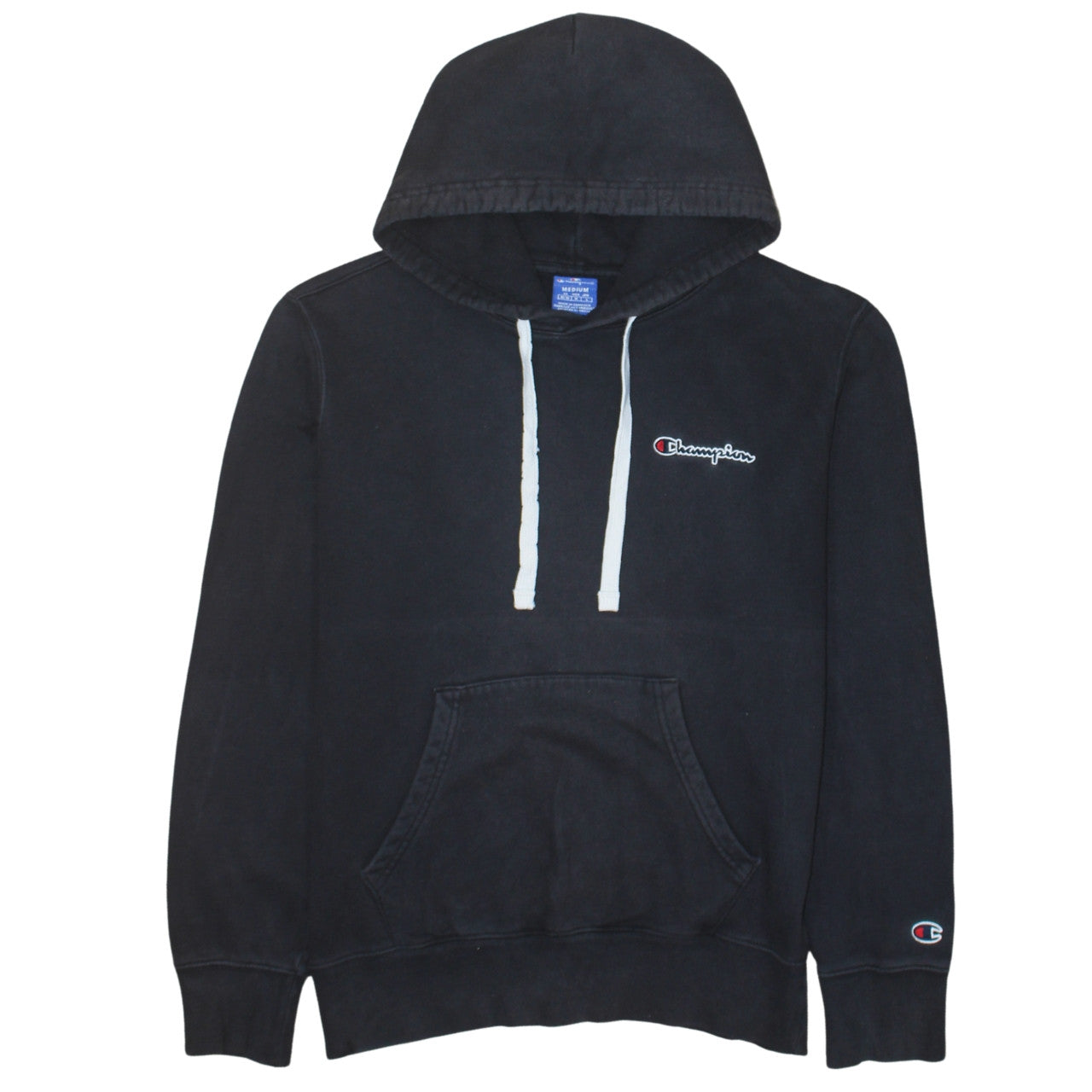 Champion Mens Black Pullover Hoodie Medium Logo Cotton Sweatshirt