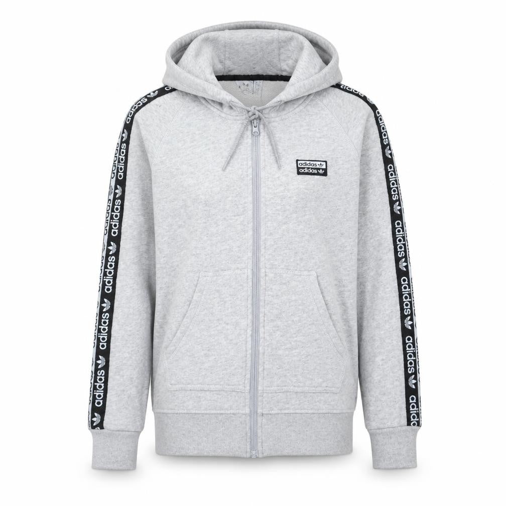 Front view of Adidas women’s grey full zip hoodie, size UK 8, cotton blend hooded sweatshirt