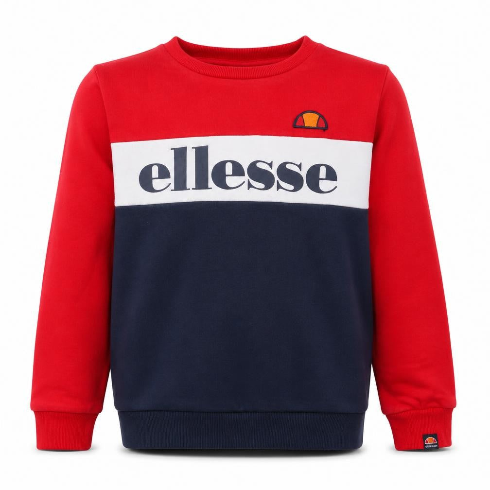 Front view of Ellesse boys’ red colourblock crew neck pullover sweatshirt 13-14 years