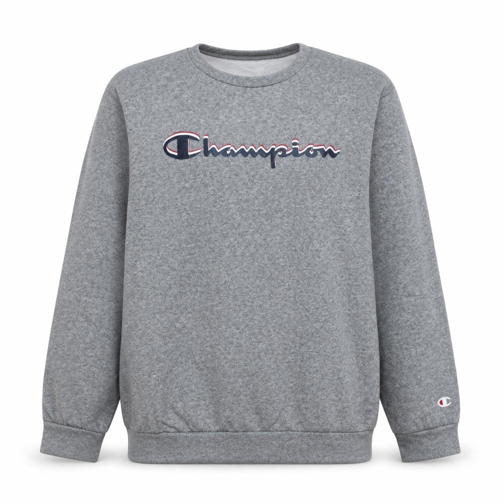 Front view of Champion boys’ grey logo pullover sweatshirt xl 13-14 years fleece crew neck