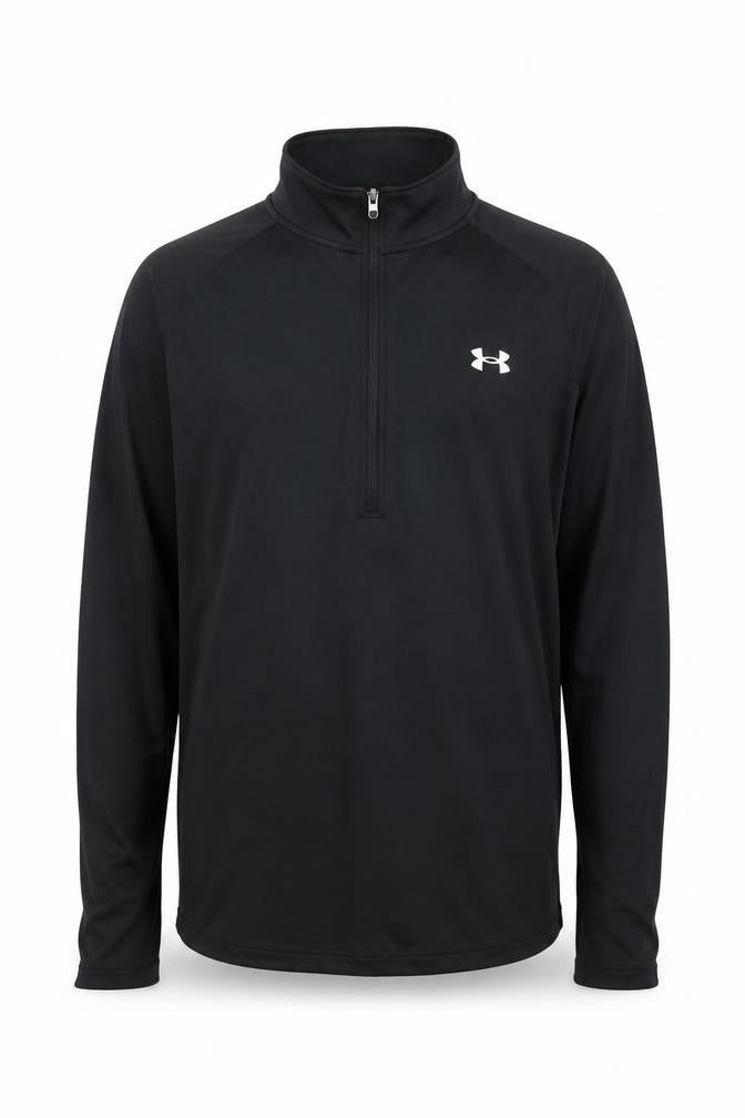 Front view of Under Armour boys’ black l long sleeve 1/4 zip track jacket heatgear