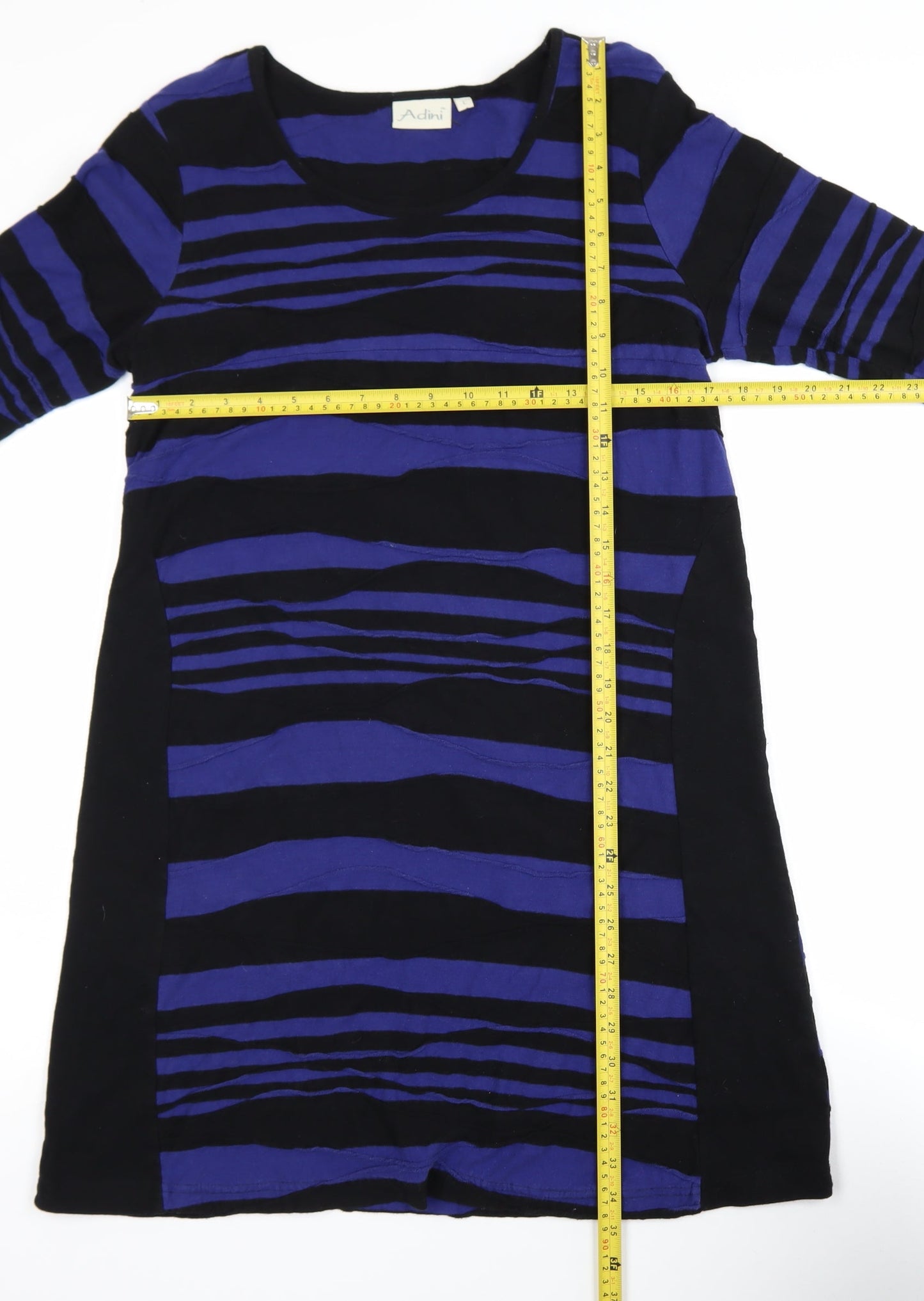 Adini Women’s Blue Black Stripe Shift Dress L 3/4 Sleeve Casual