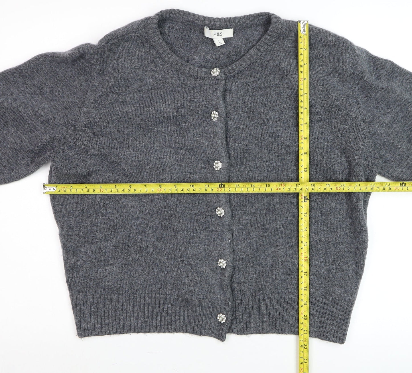 Marks and Spencer Women's Grey Cardigan L Crew Neck Wool Blend