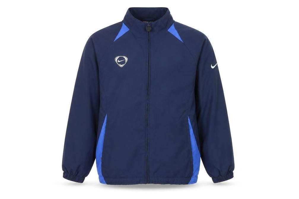 Front view of Nike boys’ blue full zip track jacket, size 10-12, years polyester sportswear
