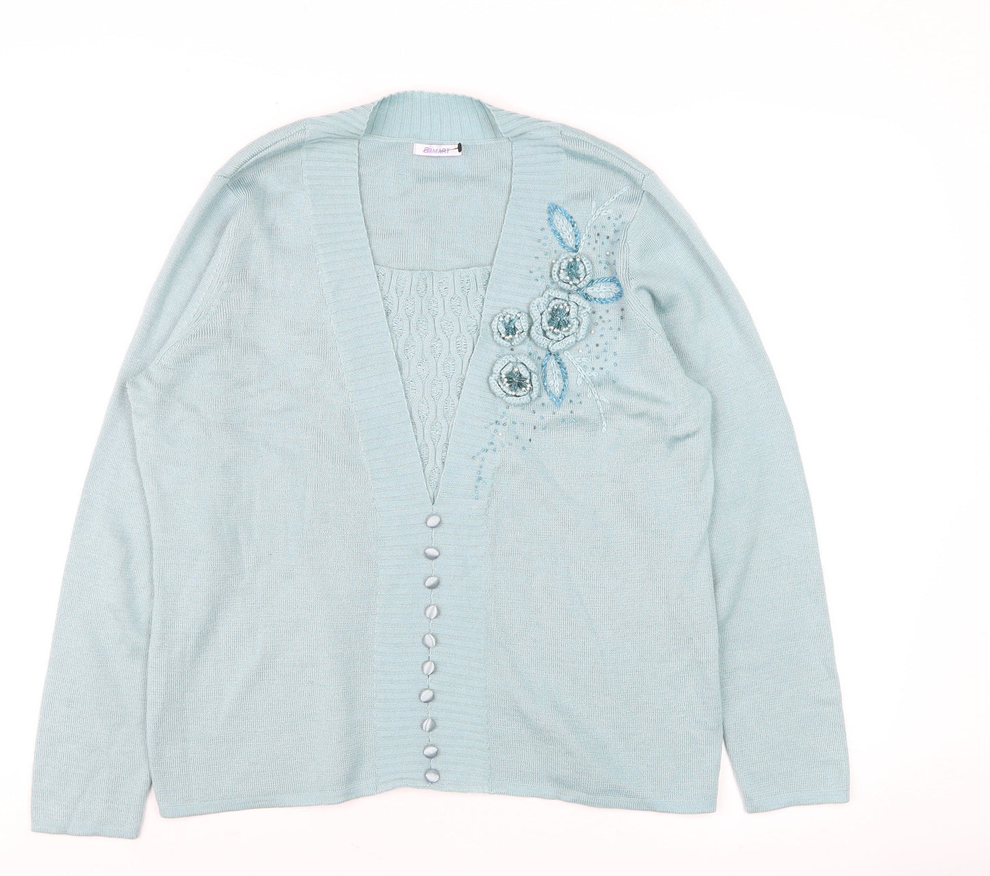 Baluart Women Blue Cardigan Floral Beaded Button Front Size 12