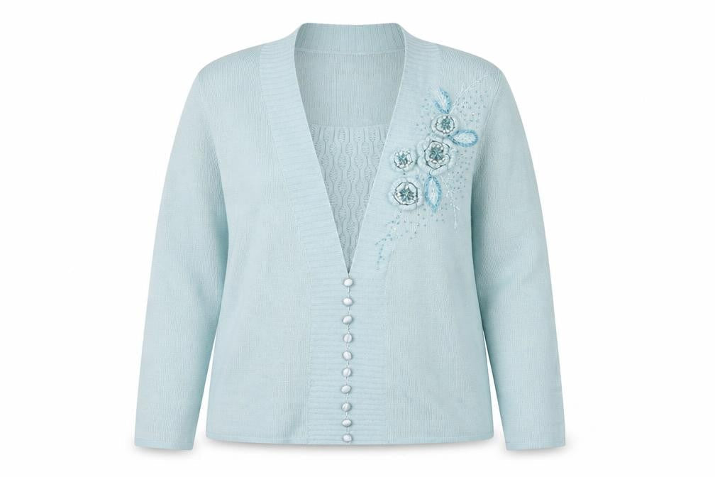 Baluart Women Blue Cardigan Floral Beaded Button Front Size 12