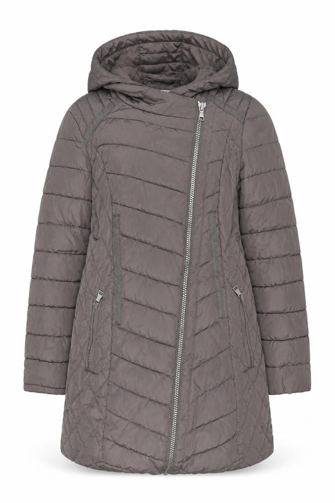 Next Womens Grey Hooded Puffer Coat Size 10 Mid-Length Quilted Zip Jacket