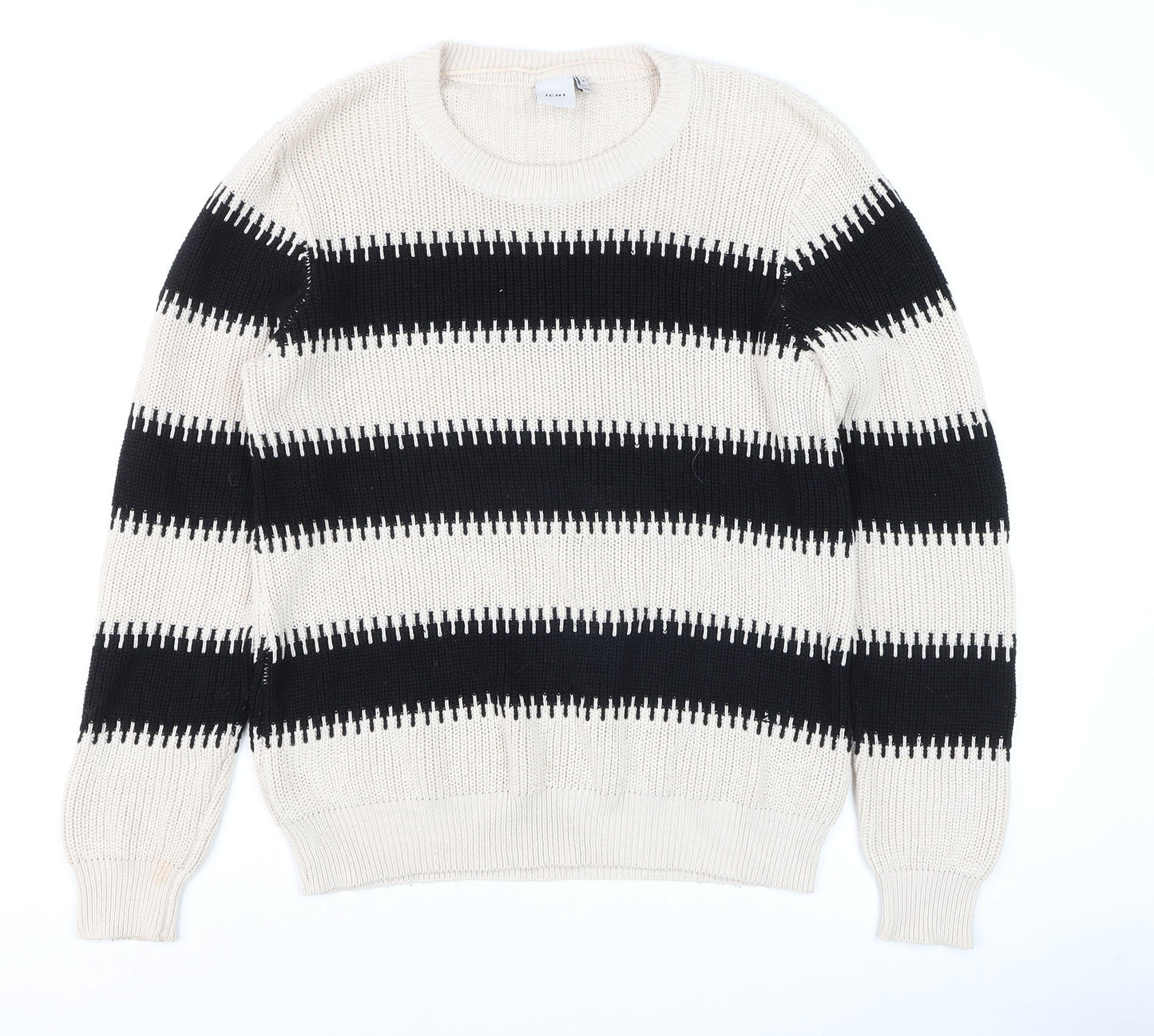 ICHI Women's Black & Beige Stripe Cotton Knit Jumper Size M