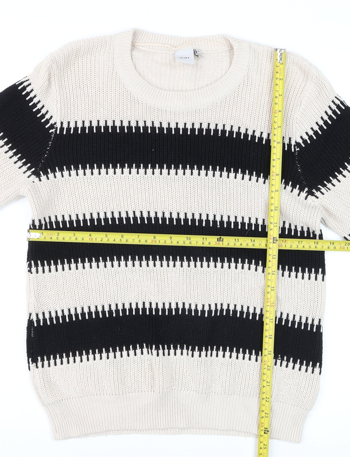 ICHI Women's Black & Beige Stripe Cotton Knit Jumper Size M