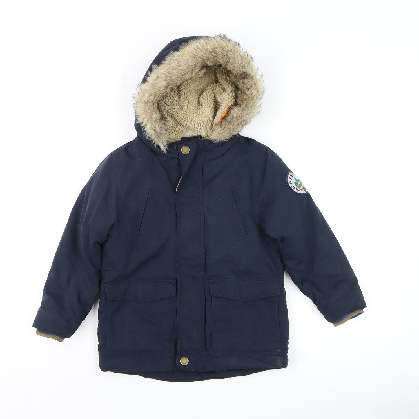 Next Boys Blue Faux Fur Lined Hooded Parka Coat 3-4 Years
