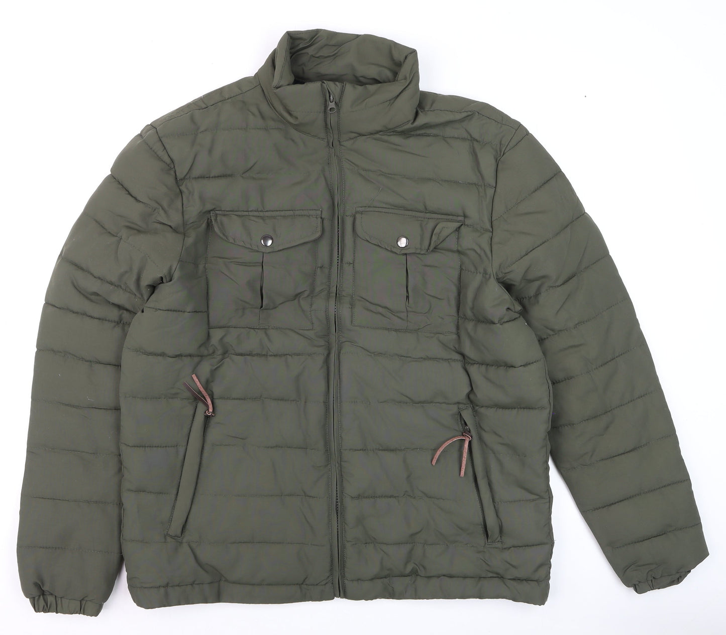 Avenue Mens Khaki Green Puffer Jacket Size M Full Zip Lightweight Warm