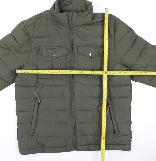 Avenue Mens Khaki Green Puffer Jacket Size M Full Zip Lightweight Warm