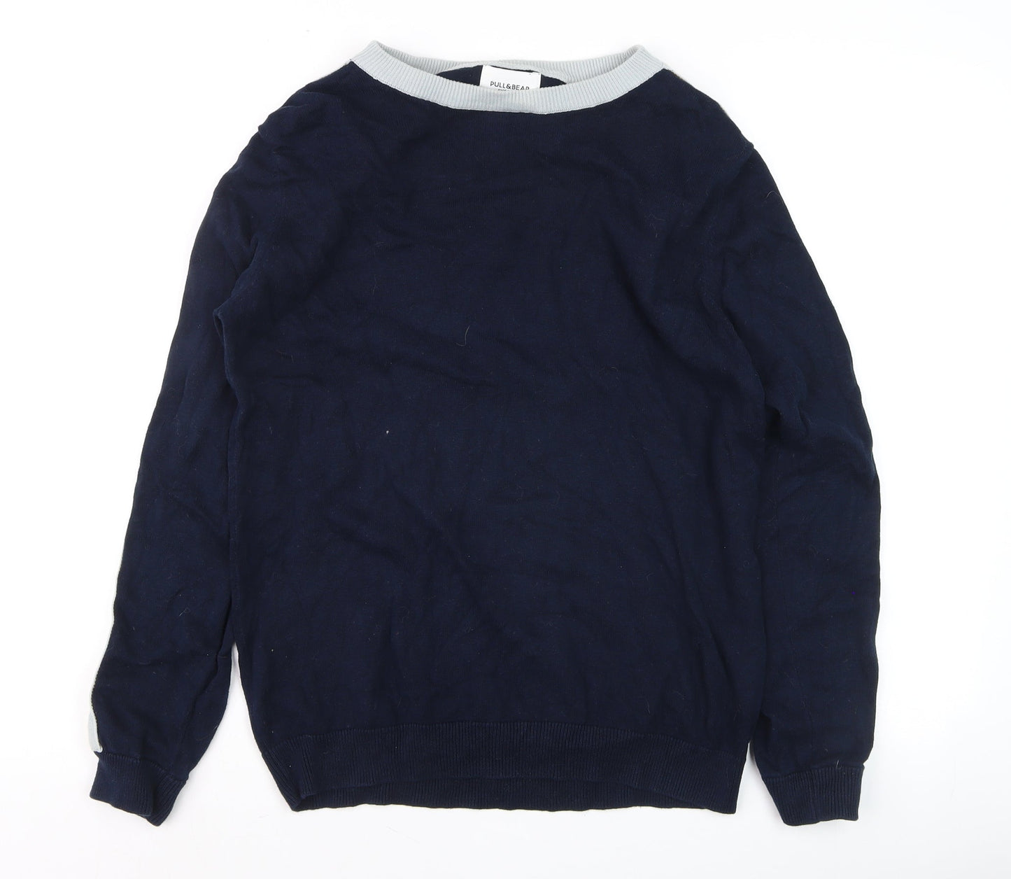 Pull&Bear Men's Blue Striped Crew Neck Jumper Size M