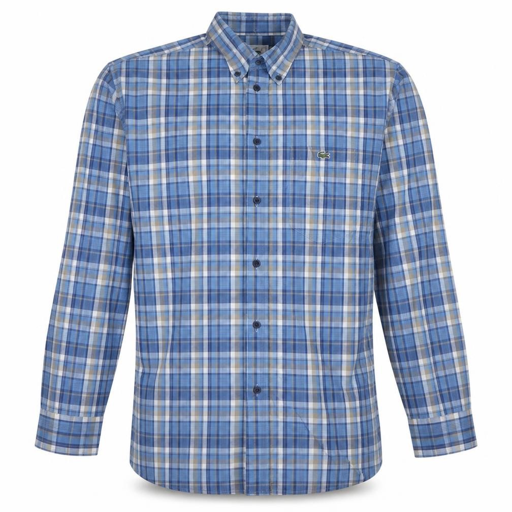 Lacoste Men's Blue Checked Button-Down Long Sleeve Cotton Shirt 16.5