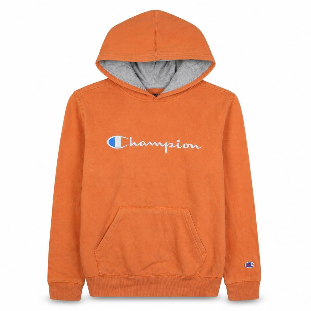 Front view of Champion boys’ orange pullover hoodie large cotton blend logo sweatshirt