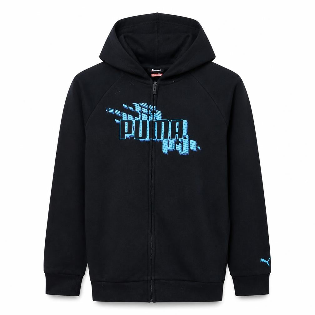 Front view of Puma boys’ black full zip hoodie sweatshirt, size 13-14, years cotton blend