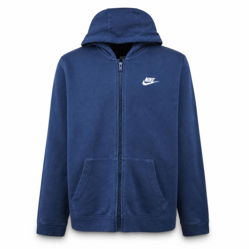 Front view of Nike boys’ blue full zip fleece hoodie xl 158-170cm logo casual sportswear