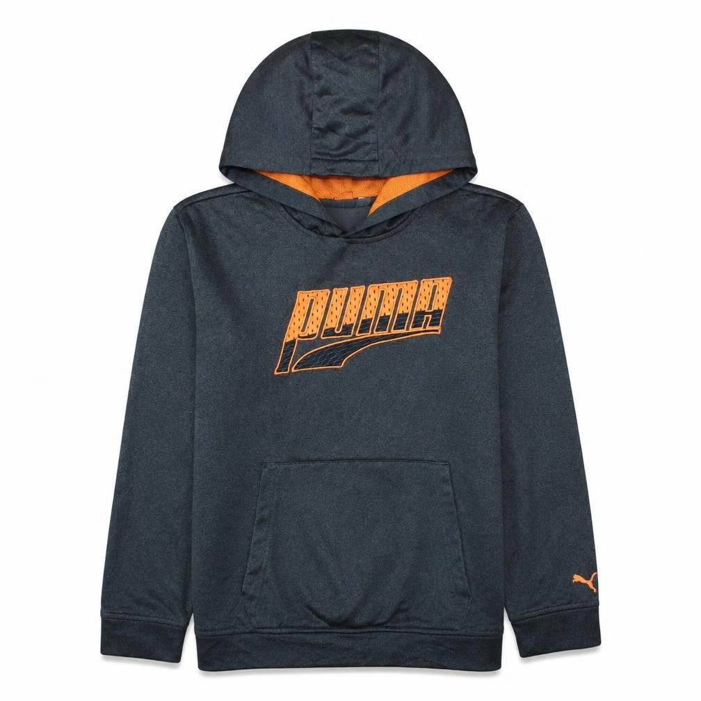 Front view of Puma boys’ grey pullover hoodie l graphic print fleece sportswear