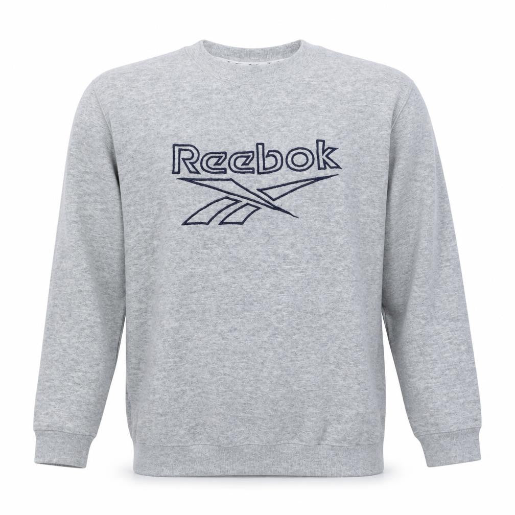 Front view of Reebok boys’ grey xl pullover fleece sweatshirt with embroidered logo