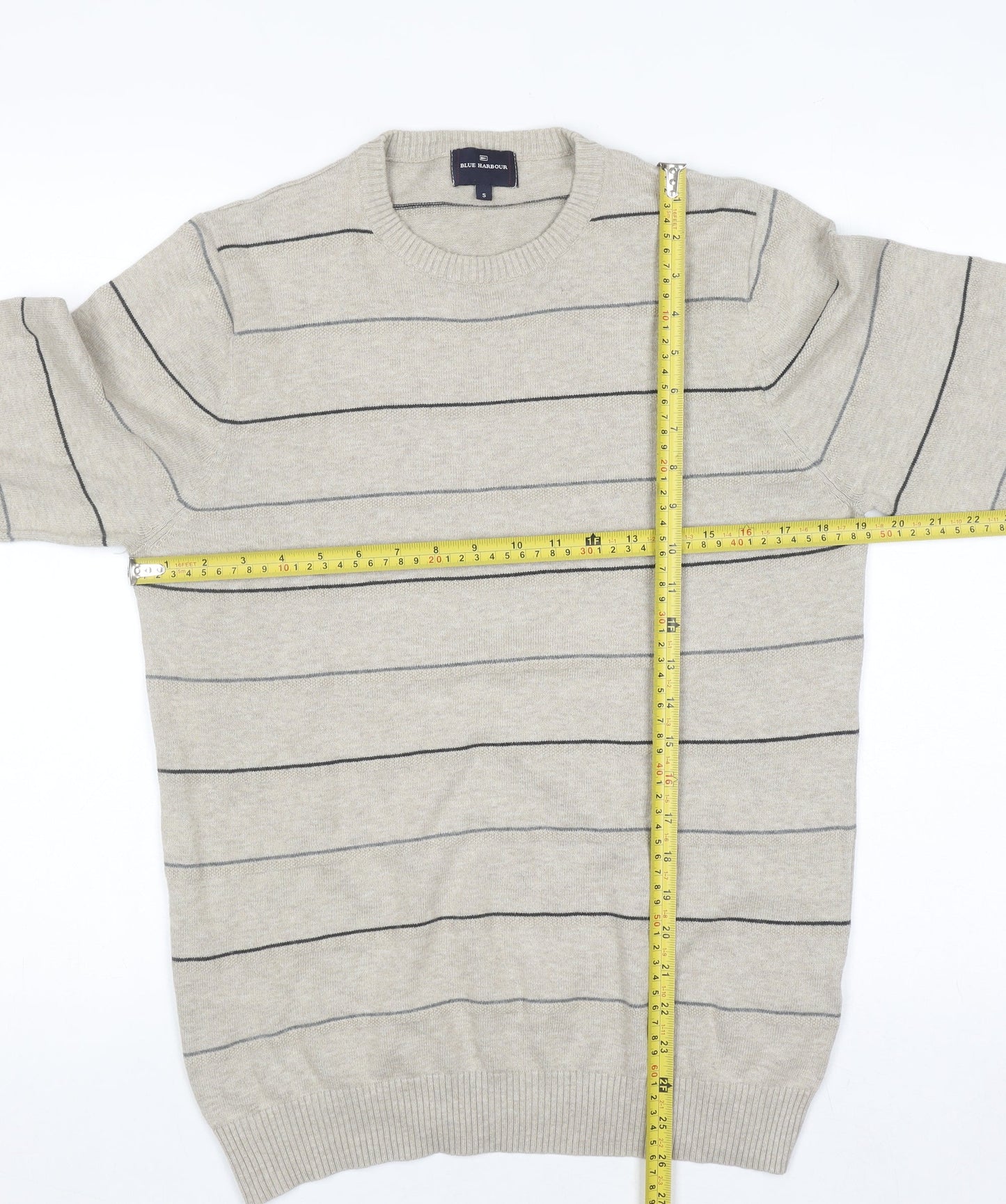 Marks and Spencer Blue Harbour Men's Beige Striped Cotton Jumper S