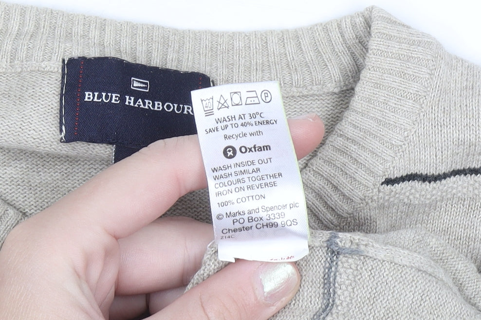 Marks and Spencer Blue Harbour Men's Beige Striped Cotton Jumper S