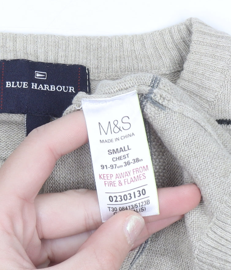 Marks and Spencer Blue Harbour Men's Beige Striped Cotton Jumper S