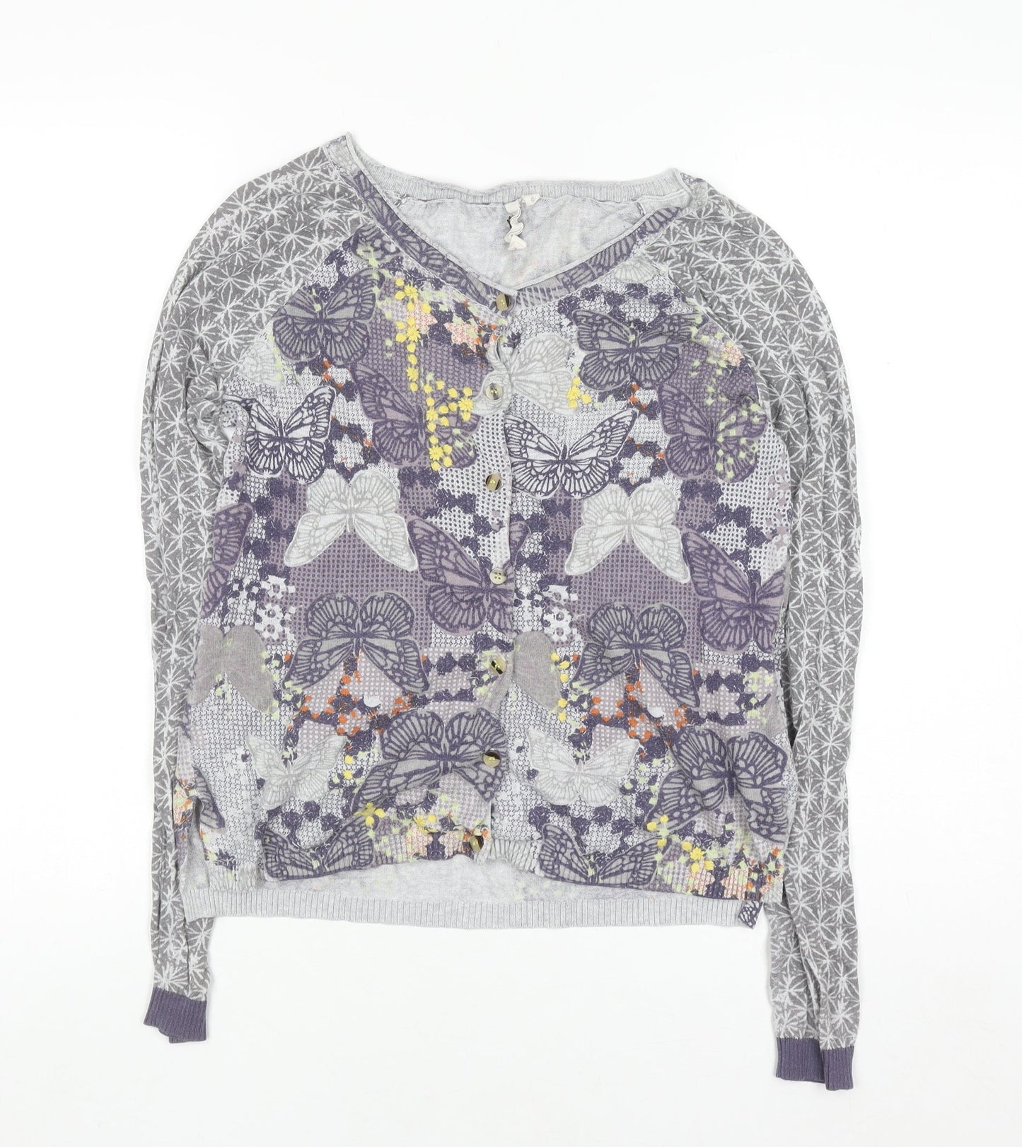 White Stuff Womens Grey Butterfly Button Cardigan Size 8 Cotton Knit
