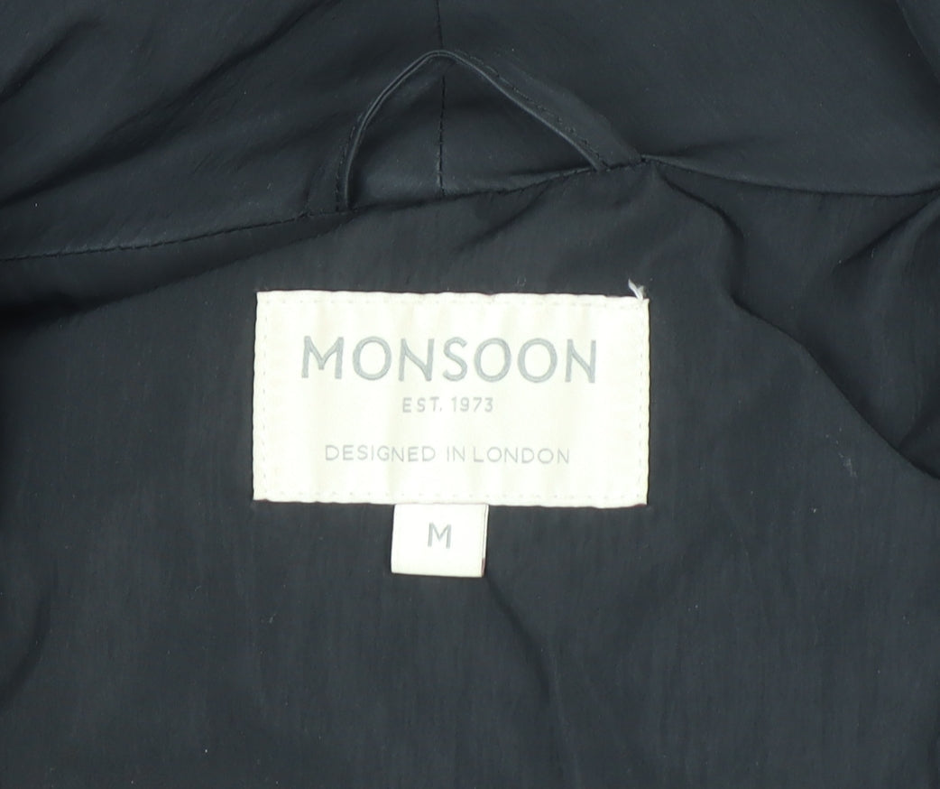 Monsoon Women's Black Long Puffer Coat M Winter Zip Jacket
