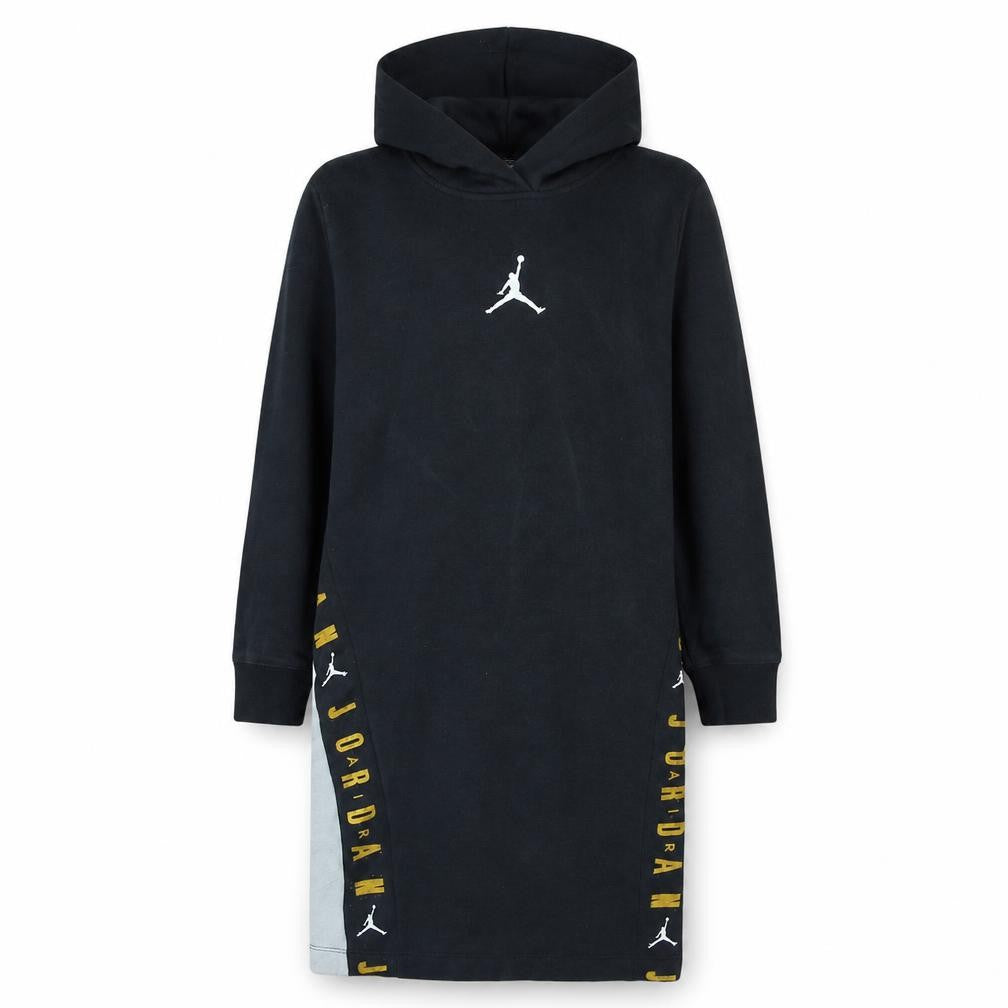 Front view of Jordan girls’ black 12-13 years tunic hoodie dress with logo print
