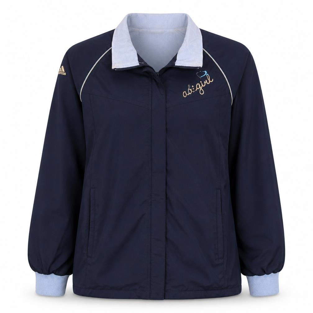 Front view of Adidas girls’ blue zip-up track jacket 14 years logo sportswear