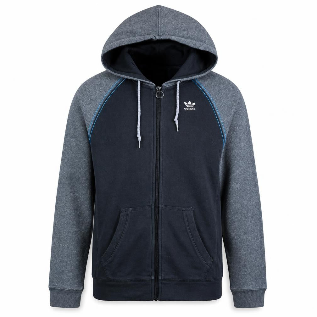 Front view of adidas men’s blue full zip hoodie xs logo graphic sportswear