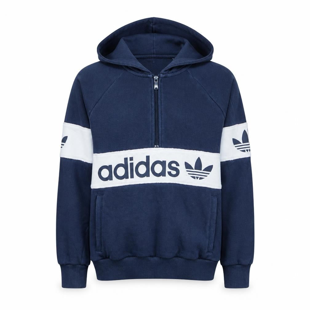 Front view of Adidas women’s navy blue hoodie, size UK 6, 1/2 zip pullover sweatshirt