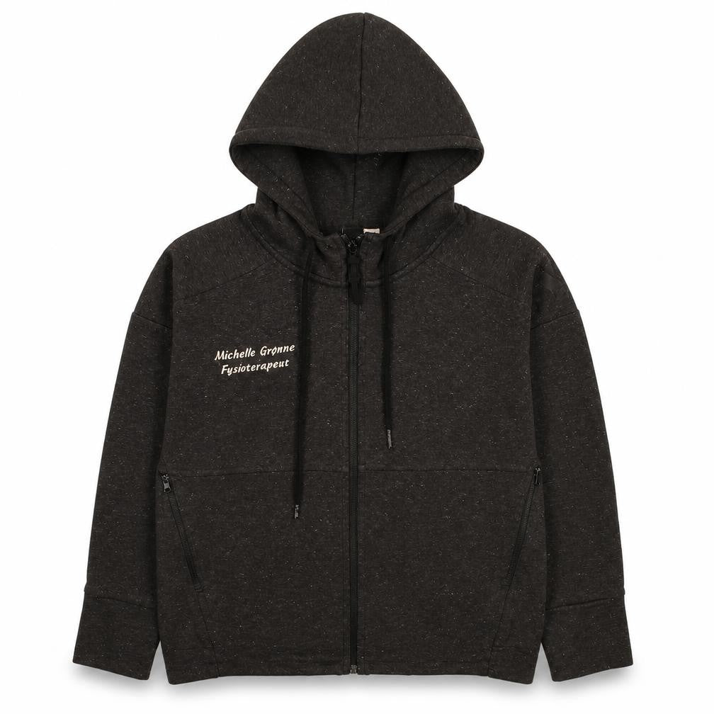 Front view of Adidas women’s black full zip hoodie, size S, embroidered logo casual
