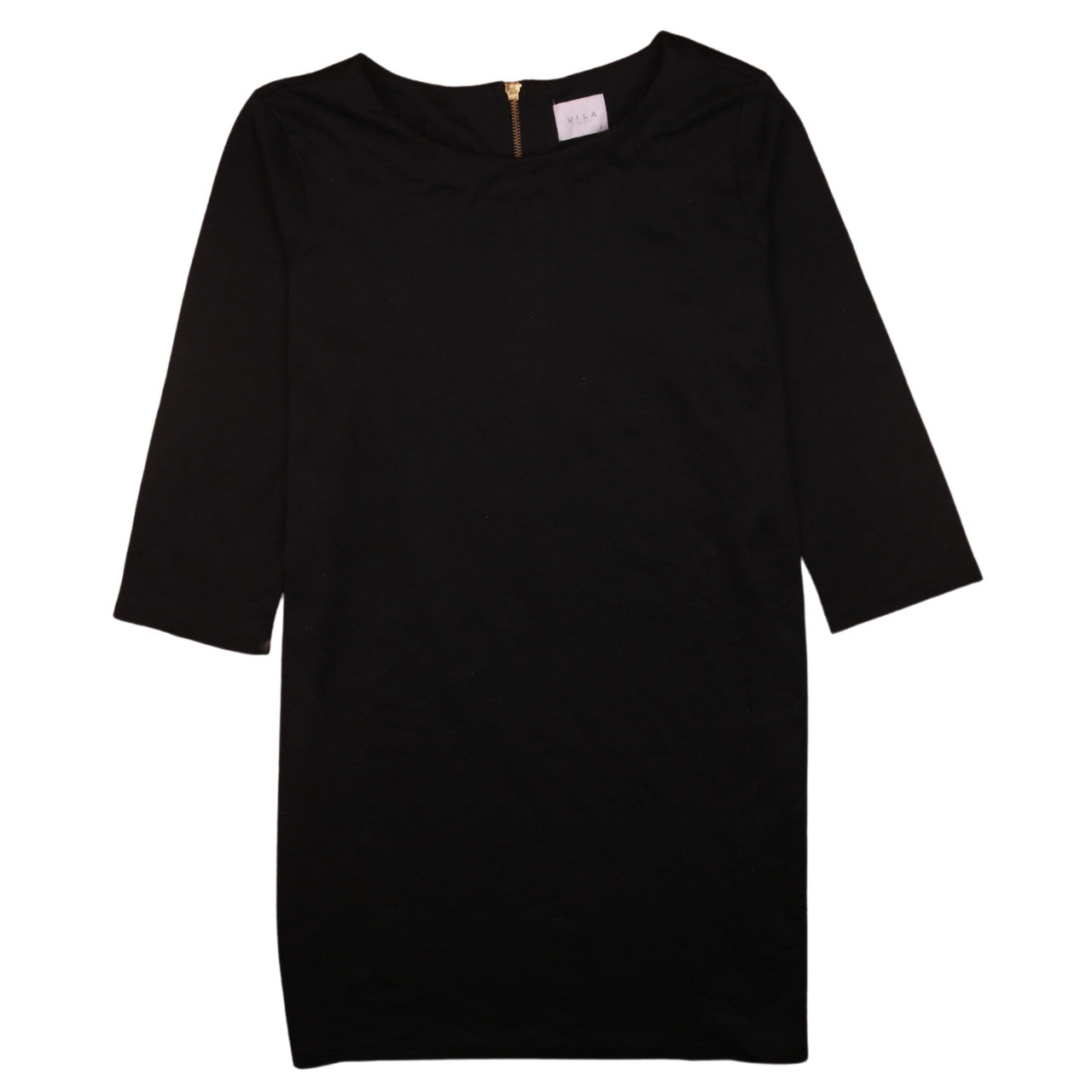 Vila Women Black Knee Length Shift Dress Size M 3/4 Sleeve Zip Back