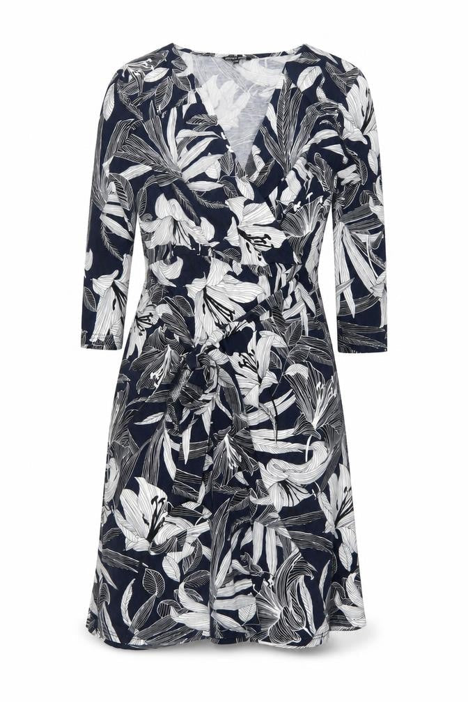 Front view of Roman Petite Women’s Blue Floral Wrap Dress, size UK 10, Knee Length