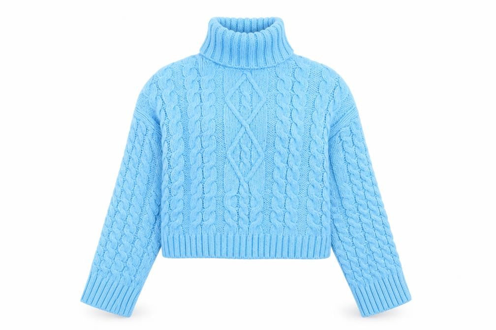 Bershka Women's Blue Roll Neck Cable Knit Acrylic Jumper Size 8