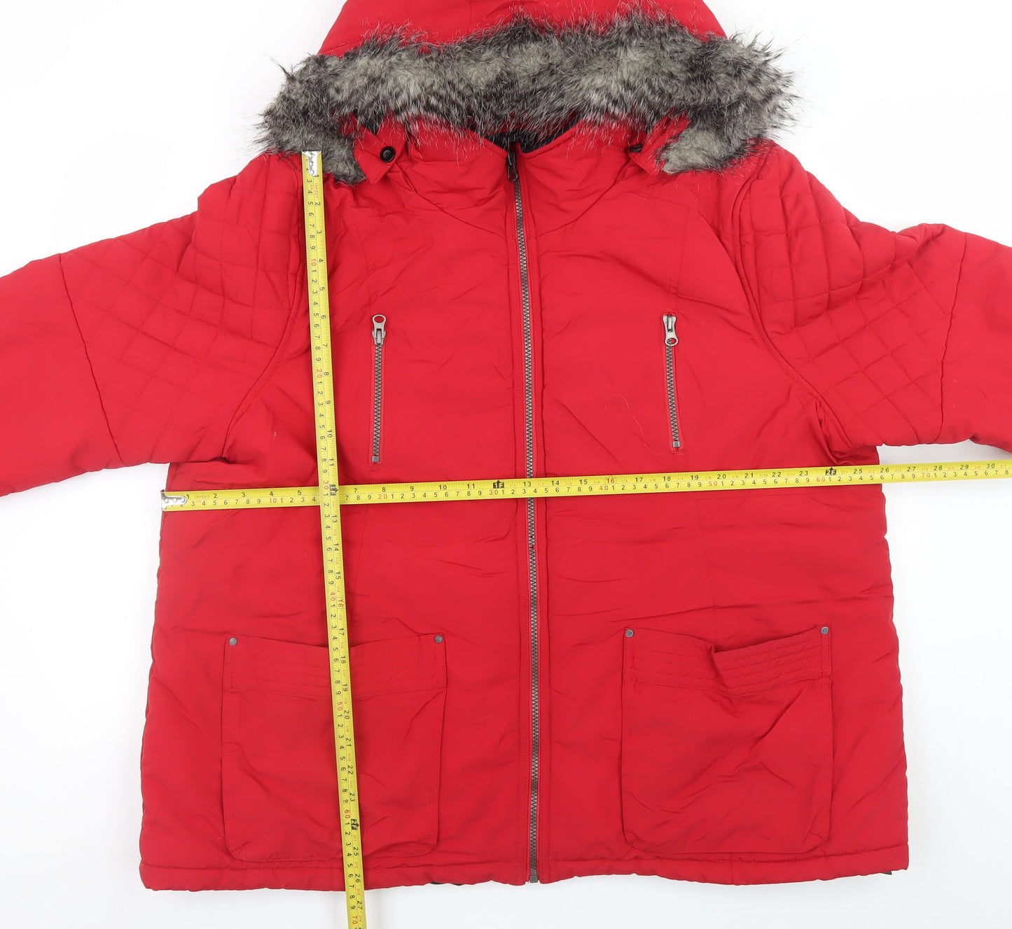 M&Co Womens Red Plus Size 22 Hooded Puffer Jacket with Faux Fur Trim