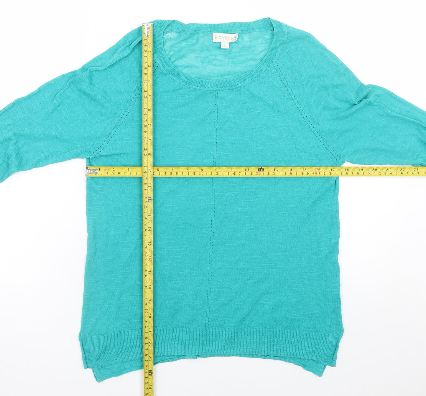 Monsoon Women Green Cotton 3/4 Sleeve Crew Neck Pullover Jumper S