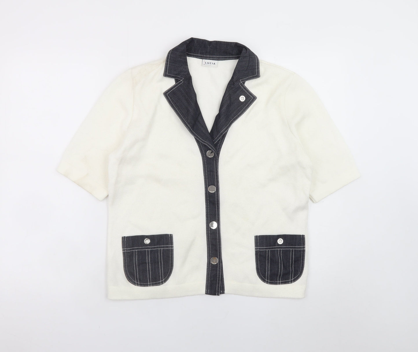Lucia Women Ivory Short Sleeve Collared Cardigan Size 12