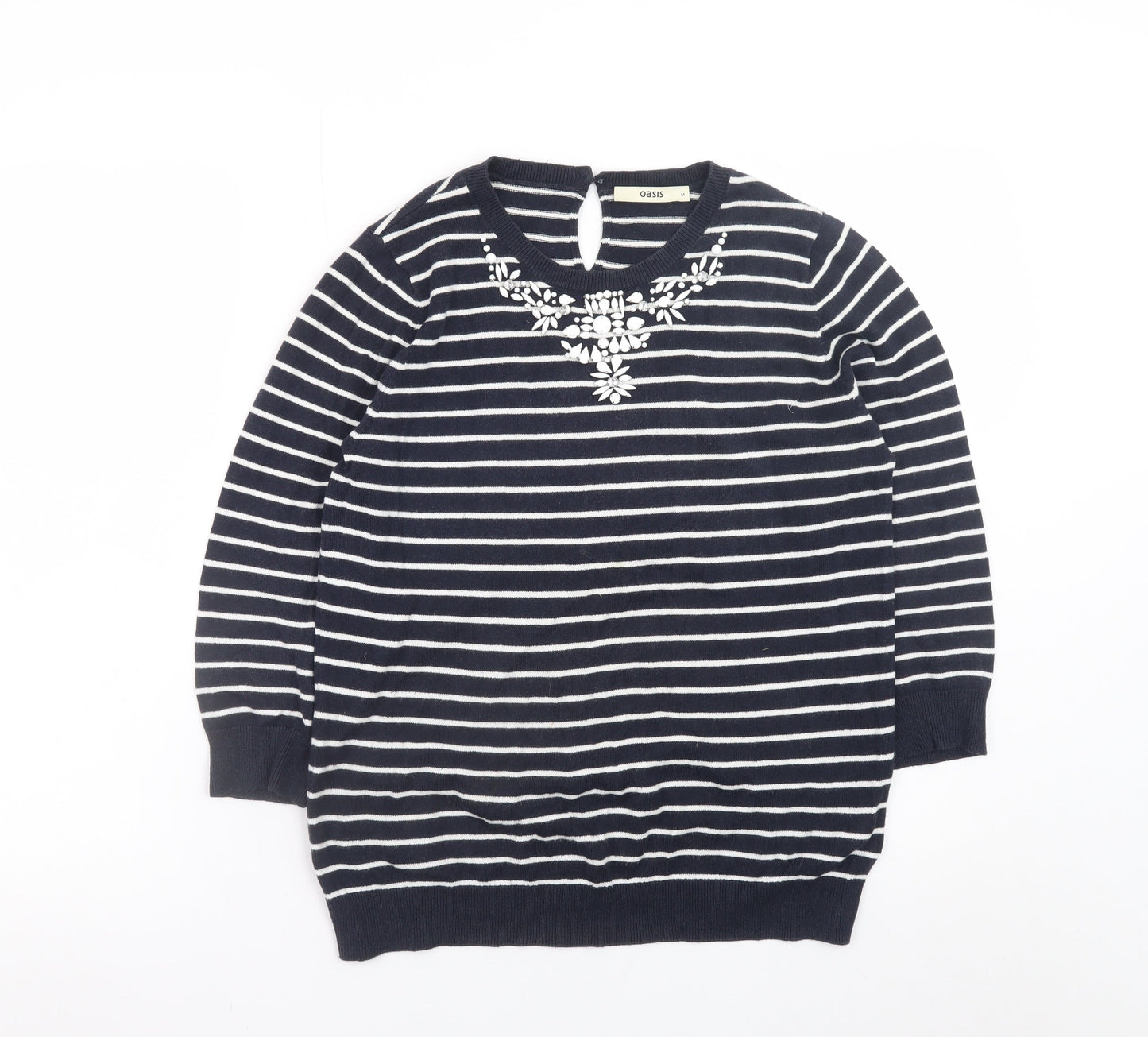 Oasis Women's Blue Striped Beaded Crew Neck Jumper Size M