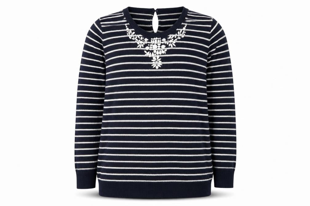 Oasis Women's Blue Striped Beaded Crew Neck Jumper Size M