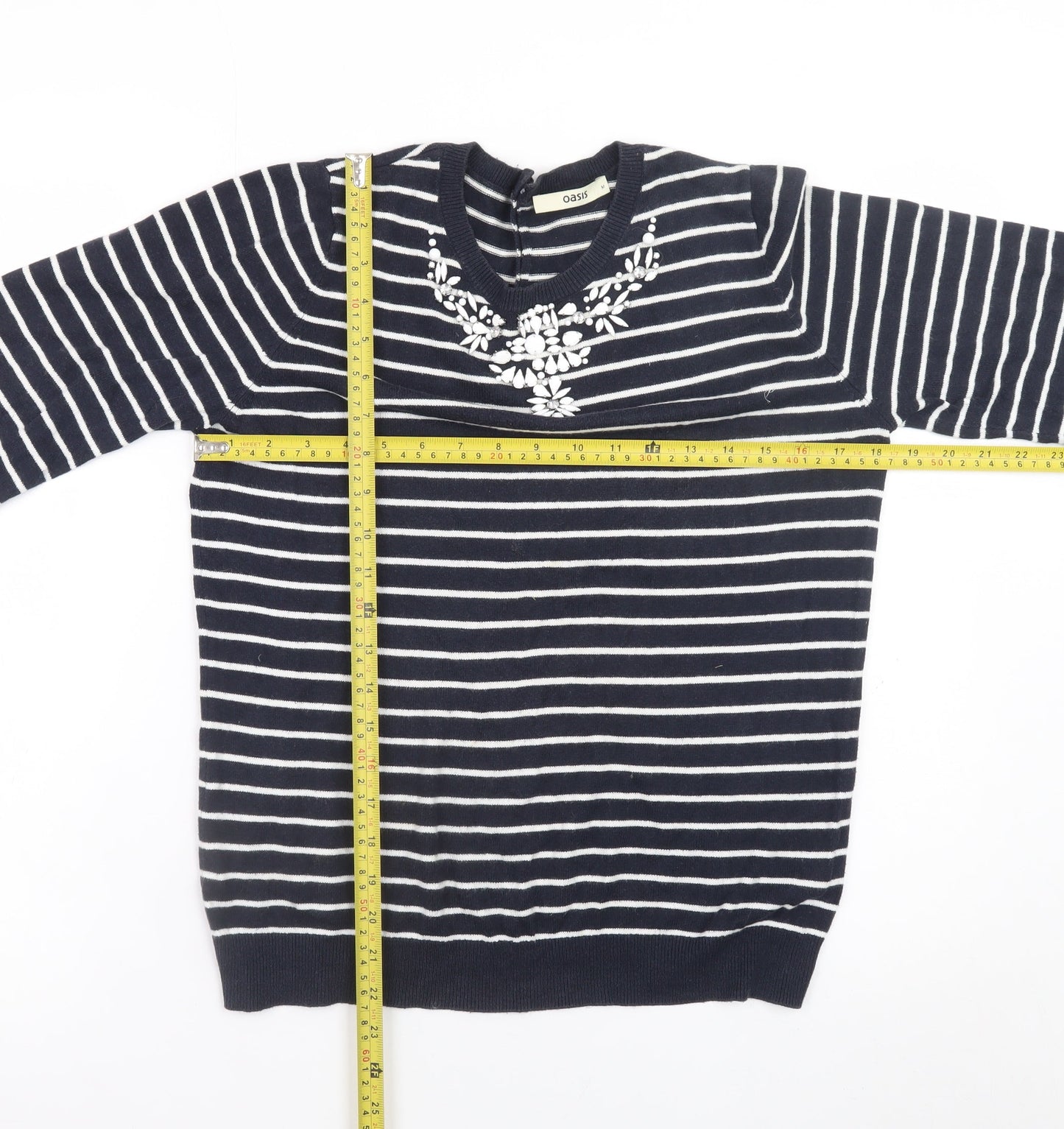 Oasis Women's Blue Striped Beaded Crew Neck Jumper Size M