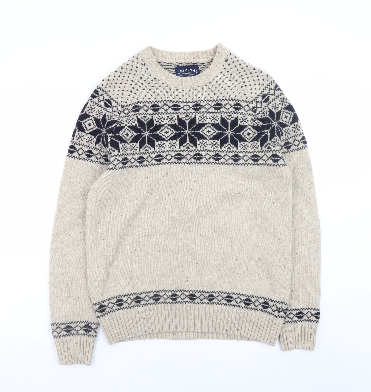 Criminal Mens Beige Fair Isle Wool Blend Crew Neck Jumper M