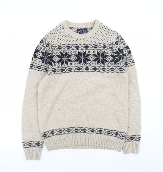 Criminal Mens Beige Fair Isle Wool Blend Crew Neck Jumper M