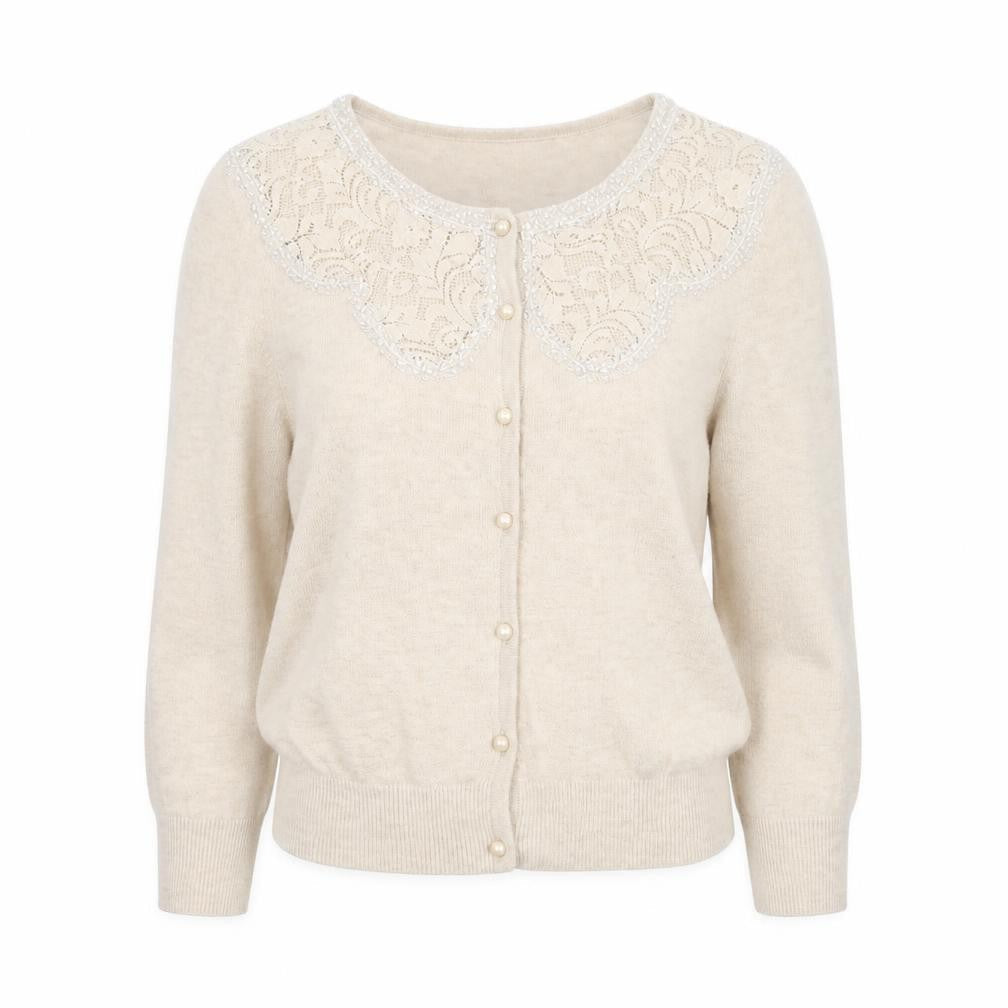 Edina Ronay Women Beige Cardigan UK 10 Lace Collar Angora Blend