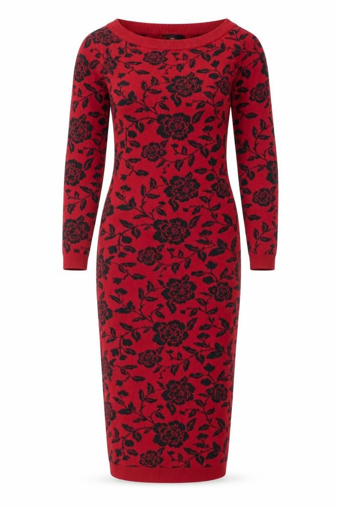 Front view of Collectif Vintage women’s red floral knit bodycon dress uk 14